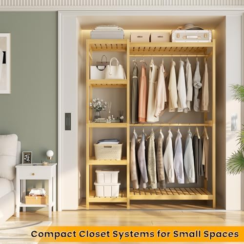 Homykic Bamboo Clothing Rack with 7 Adjustable Shelves, 2 Hang Rods - Image 2