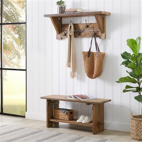 Alaterre Bethel Rustic Solid Wood Bench & Wall Mounted Coat Rack, Natural - Image 2