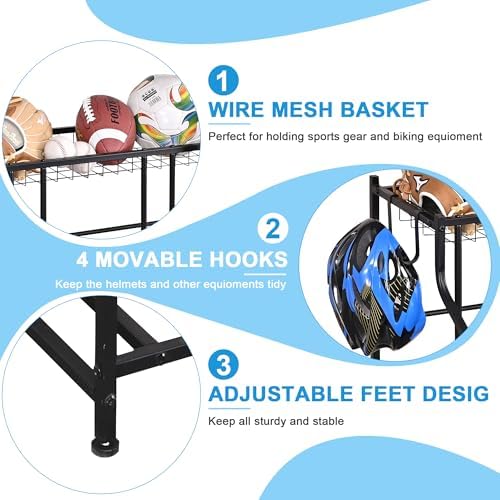 Mythinglogic 3-Bike Garage Storage Rack with Ball Basket and Hooks - Image 2