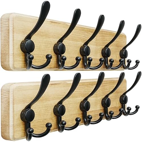 Dseap Coat Rack Wall Mount - Heavy-Duty Robust Rustic Wooden Wall Coat Hanger Hook Rail with 5 Triple Hooks for Winter Coats Hat Jacket Clothing, Light Brown & Black, Pack of 2 by Dseap