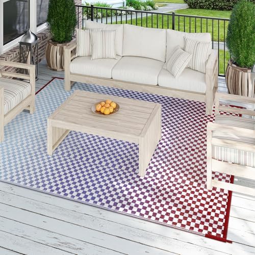 Wonnitar 8x10 Waterproof Outdoor Rug - Blue Purple Ombre Checkered Patio Rugs, Lightweight Reversible Mat for Deck Porch RV Picnic, Large Camping Carpet with Colorful Grid Design - Image 6