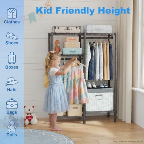 Ulif F1 Garment Rack for Kids, Baby, Students, and Children's Room, 4 Tiers Freestanding and Portable Heavy Duty Closets, Small Metal Clothes Rack with 2 Hanging Rod, 31.2" W x 11.8" D x 48" H, Black - Image 6
