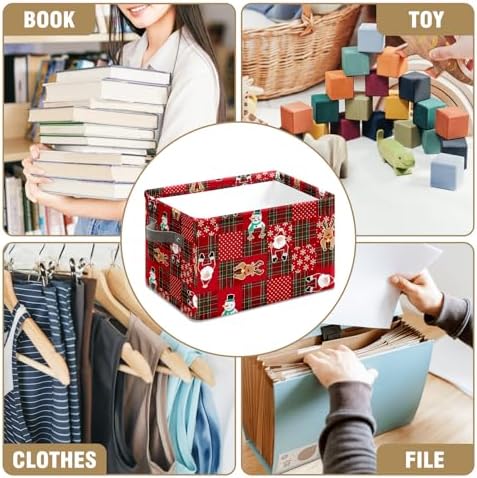 Christmas Baskets,Christmas Red Grid Elk Snowman Foldable Storage Bins with Handles, Decorative Cloth Organizer Storage Boxes 2 2piece - Image 7