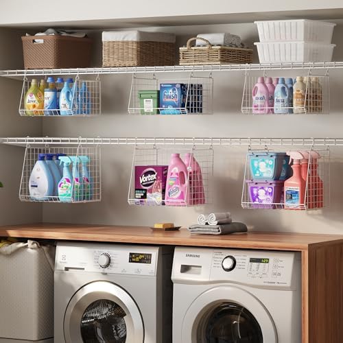 Sonyabecca 5-Tier Hanging Laundry Basket Organizer: Foldable Wire Shelf Basket with 4 Large Hooks 1.65" & 360°Rotating Hooks – Space-Saving Laundry Room Organization for Wardrobe Closet, White Patent - Image 6