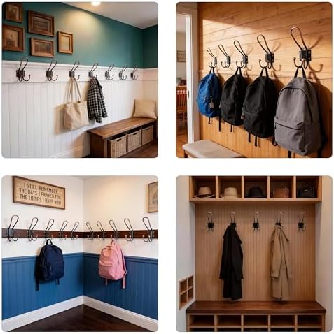 WEBI Coat Hooks Wall Mount,5 mm Thick,10 Large Rustic Triple Hooks,Heavy Duty Metal Vintage Backpack Wall Hooks for Hanging Clothes,Robe,Towel,Closet,Farmhouse,Mudroom,Antique Copper - Image 2