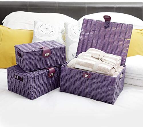 ARPAN Set of 3 Resin Woven Utility Storage Basket Box With Lid & Lock (Purple) - Image 2