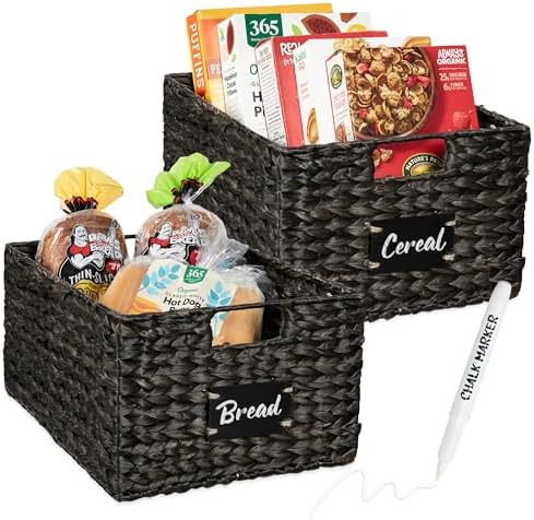 Best Choice Products Pantry Baskets Set of 2 16x12in Water Hyacinth Storage Baskets, Woven Wicker Kitchen Organizers with handles w/Chalkboard Label Chalk Marker - Black by BestChoiceProducts