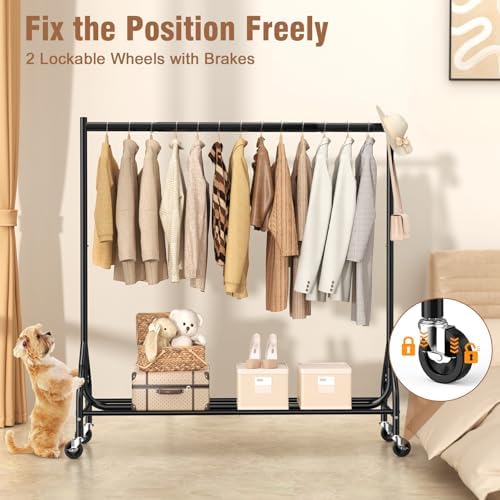 EAGMAK Heavy Duty Clothes Rack Load 420 LBS, Rolling Garment Rack with Lockable Wheels, Standing Metal Clothing Rack, Portable Wardrobe Sturdy Coat Rack for Hanging Clothes (Black, 59″×18.9″×63″) - Image 5