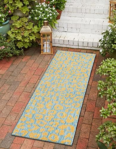 Unique Loom Outdoor Safari Collection Area Rug - Leopard (2' x 7' 10" Runner, Blue Yellow/ Blue) by UniqueLoom