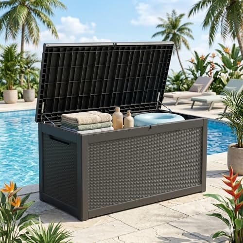 325 Gallon Outdoor Deck Box, Lockable Waterproof Outdoor Storage Boxes For Garden Tools,Indoor Cushions,Accessories Outside Storage Resin Weatherproof Container, Black - Image 2
