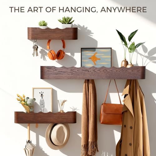 Coat Rack Wall Mount with Shelf Entryway Shelf Modern Key Holder Hanger Wall Shelves with Hidden Hooks for Hanging Towels Coats Hats Bags for Hallway Bathroom Bedroom(Wavy Walnut Color, 8 Hooks) - Image 3