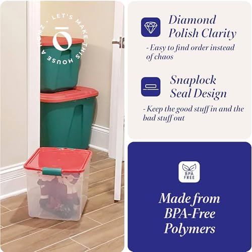 HOMZ Holiday Tote Plastic Storage Bin with Lid, 31 Qt, Clear/Red, 4 Pack - Image 3