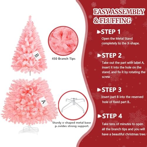 ULICO 4ft Artificial Pink Christmas Tree,Premium Spruce Xmas Tree with 450 Branch Tips, Fake Christmas Tree with Foldable Metal Base Stand,Home, Office,Party Decoration - Image 4
