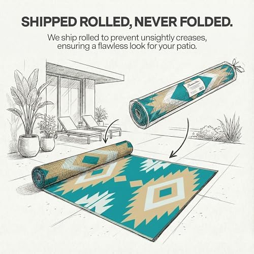 FH Home Outdoor Rug - Waterproof, Fade Resistant, Reversible - Premium Recycled Plastic - Geometric - Patio, Deck, Porch, Balcony - Bursa Kilim - Teal Crease Free - 5 x 8 ft - Image 3