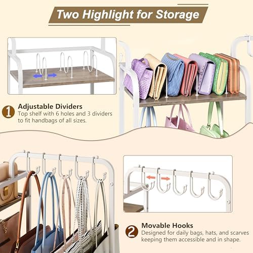 Purse Organizer with 2 Purse Hangers for Purse Storage, High-Capacity Handbag Organizer with 10 Adjustable Hooks and 3 Dividers, Purse Holder for Closet System, Purse Rack Stand for Bag Organization - Image 4