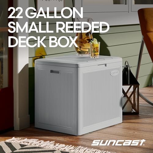 Suncast 22 Gal, Small Outdoor Storage Deck Box, Resin Reeded, French Gray - Image 2