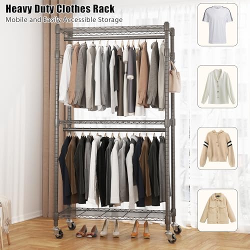 BATHWA Clothes Racks for Hanging Clothes, 35.5" W x 16.5" D x 80.7" H, Rolling Tall Heavy Duty Wardrobe Rack with Shelves & Wheels Metal Freestanding Multifuctional for Bedroom Laundry balcony, Grey - Image 4