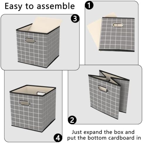 Fabric Cubby Storage Bins,13x13x13 Inches,Cube Organizer Bin Foldable Storage Boxes with Dual Handles Fabric Organizer Box and collapsible Storage basket,Set of 6,Grey grid - Image 6