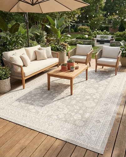 Rugs.com - Outdoor Aztec Rug – 7' 10 x 11' Light Gray Indoor/Outdoor Rug – Weather-Resistant Flatweave for Patios, Decks, and Porches by Rugscom