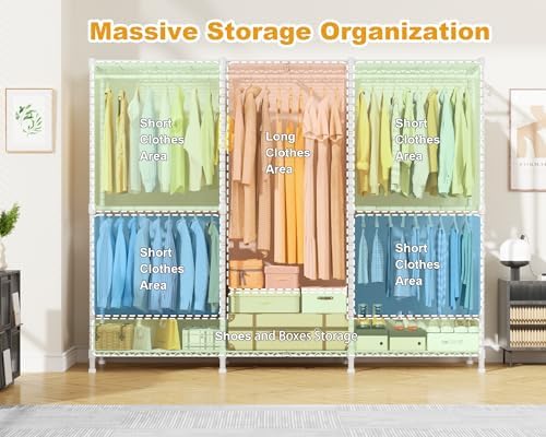 ULIFHOME E14C Pro Heavy Duty Closet Organizer System，Freestanding Clothing Racks for Hanging Clothes，Adjustable Garment Rack 69" W × 16" D × 77" H Hold 960 lbs，White Rack with Grey Dustproof Cover - Image 3