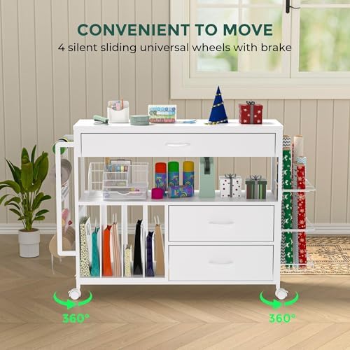 Wrapping Paper Storage & Organizer, Craft Cart with Ribbon & Gift Bag Storage, Wrapping Paper Organizer Holder(3 Wooden Drawers-White) - Image 6