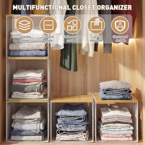 AceOrbit 3 Pcs Widened Stackable Closet Organizer and Storage with Wood Top Foldable Metal Cube Closet Shelf DIY Space Saving Linen Clothes Shoe Bed Sheet Bin Wardrobe Bedroom ( 15.6"x12"x8.7", Dark) - Image 3