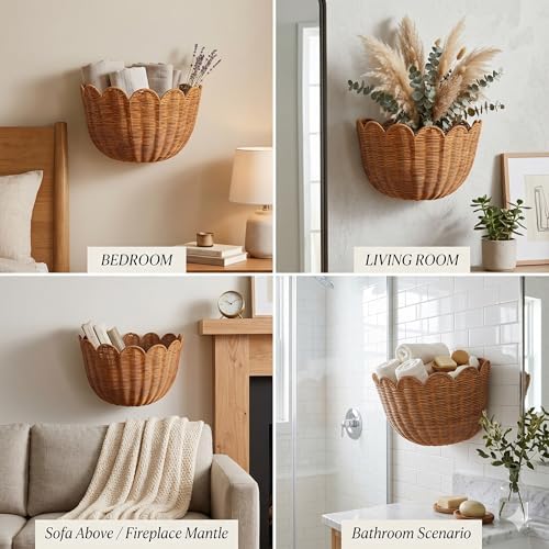 Scalloped Wall Basket, Wicker Wall Baskets, Hanging Wicker Basket, Handwoven Wall Mounted Storage Basket - 15.7 × 10.6 × 8.3 Inch, for Bathroom Bedroom Kitchen Entryway Decor - Image 5