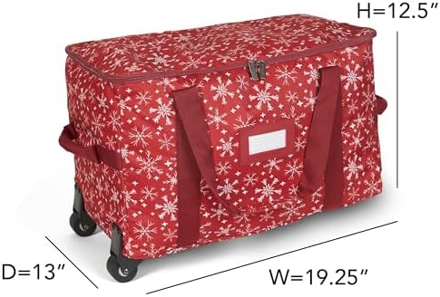 Covermates Keepsakes Rolling Adjustable Ornament Storage Bag – Heavy-Duty Polyester, FlexGrid Trays & Padded Dividers – Protective Holiday Organizer with Wheels, Handles & ID Window, Red Snowflake - Image 3