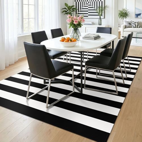 KOZYFLY Black White Rug 5x7 Area Rug Woven Striped Living Room Rugs - Image 2