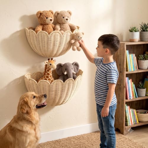 2 Pack Scalloped Wall Basket, Hanging Wicker Basket, Handwoven Wall Mounted Storage Basket（15.76 x 10 x 7 & 13.7 x 8 x 6 Inch）, for Bathroom Bedroom Kitchen Entryway Decor - Image 4
