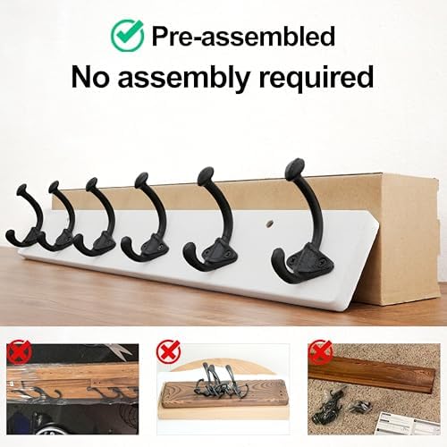 WEBI Rustic Coat Rack Wall Mount,24" Long 6 Cast Iron Coat Hooks Wall Mounted,Heavy Duty Farmhouse Wood Coat Hanger Wall Antique Vintage Hooks for Hanging Jacket,Clothes,Backpack,Black on White - Image 4