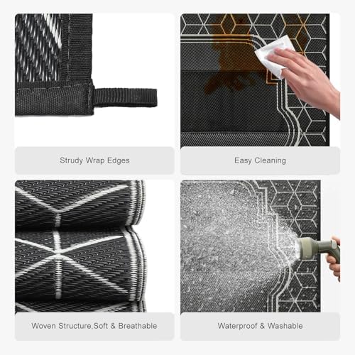 wikiwiki Outdoor Rug, 9x18ft Waterproof Reversible Mat Indoor Outdoor Rugs Carpet, Small Area Rug Plastic Straw Rug for Patio Deck Balcony Pool RV Camping Beach Picnic, Black, Rugscape Series - Image 5