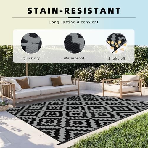 Favoyard Outdoor Rug Black & Grey 8x10 ft Waterproof Reversible Carpet Mat - Image 5