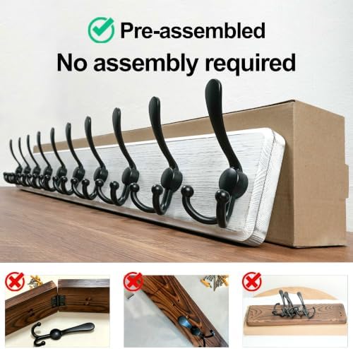 WEBI Coat Rack Wall Mount,38 9/16" Long,10 Hooks,Large Coat Hooks Wall Mounted,Coat Hanger Wall,Farmhouse Wood Hook Rack Rail,Triple Hooks for Hanging Coats,Clothes,Jacket,Black/White - Image 6