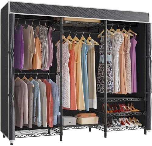 VIPEK V5C Heavy Duty Covered Clothes Rack Portable Closet Rack, Black Metal Clothing Rack with Black Upgarded Polyester Cover, Adjustable Custom Freestanding Closet Wardrobe, Max Load 800LBS by VIPEK
