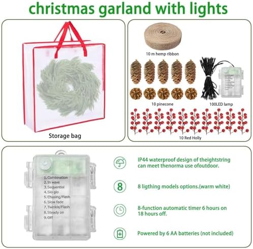 Deckit 15FT Christmas Garland with Lights 100LED Timer, Real Touch Norfolk Pine Garland +DIY Kit & Storage Bag for Mantle Stairs Railing Table Fireplace Wall Indoor Outdoor Holiday Decoration - Image 2