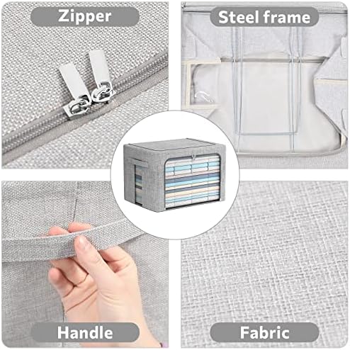FHSQX 2 Pack Clear Window Storage Bins - Large Stackable Linen Fabric Storage for Clothes Foldable Container Organizer Set with Carrying Handles (Light Gray, 23.6x 16.5x 15.7 Inch) - Image 6