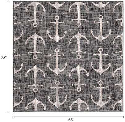 Unique Loom Outdoor Coastal Collection Area Rug - Ahoy (5' 3" Square, Charcoal/ Ivory) - Image 2