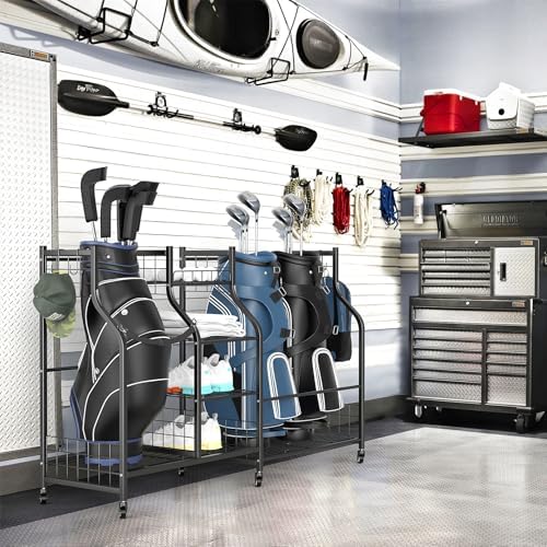 WALMANN Garage Golf Bag Stand, Large Golf Bag Storage with Golfing Accessories Storage Shelves Rolling Golf Bags Organizer - Image 2