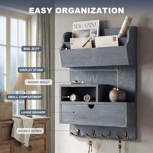 Rebee Vision Pine Wood Key Holder Wall Mount, Slanted Mail Slot, Royal Blue - Image 5