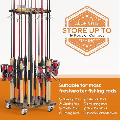 Fishing Rod Rack for 16 Poles - 360° Rotating Base, Easy to Install & Durable Wooden Pole Holders for Garage, Fishing Rod Equipment Organizer Storage Stand for Ground, Fishing Gifts for Men, Brown - Image 6