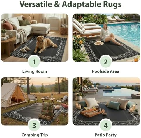 wikiwiki 8x10ft Outdoor Rug, Reversible Plastic Patio Rug Waterproof, Indoor Outdoor Carpet Clearance, Large Area Carpet for Patio Deck Pool RV Camping Beach Picnic, Geometric Border Black - Image 6