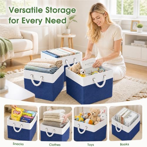 Fabric Storage Cubes 13 x 13, Collapsible Storage Bins for Shelf Baskets, Cube Storage Organizer White Navy Bins with Cotton Handles,Foldable Storage Bin box,Cube Storage Bin 6 Pack - Image 3