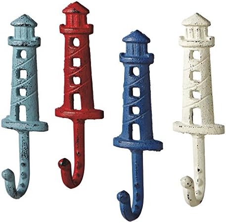 Lighthouses - Antique Style Weathered Wall Hooks Set of 4 - Aqua, Red, Blue, White by Unknown