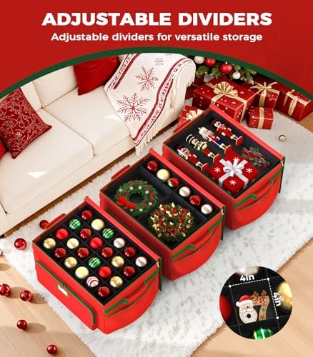 Ornament Storage Box, Large Christmas Ornament Storage Box, Stores 72 4'' Ornaments , Ornaments Storage Containers with 3 Trays, Durable and Portable, 600D Tear-Proof Material, Extra Pockets Red - Image 4
