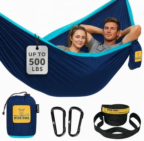 Wise Owl Outfitters Hammock for Camping Double Hammocks Gear for The Outdoors Backpacking Survival or Travel - Portable Lightweight Parachute Nylon DO Navy & Lt Blue by WiseOwlOutfitters
