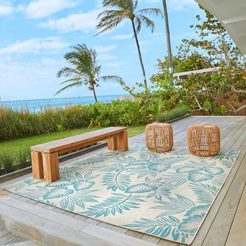 Gertmenian Indoor/Outdoor Kona Coast by Reyn Spooner Rug - 8x10 Large, Stain & UV Resistant, Ideal for Deck, Patio, Poolside Rooms - Palm Leaves, Teal Green Tan, 46675 - Image 2