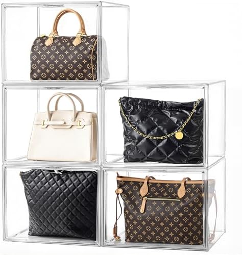 HBlife Purse Storage Organizer for Closet, Clear Stackable Handbag Display Case Box with Magnetic Door for Collectibles, Cosmetics, Women Heels and Toys, X-Large, 5 Pack by HBlife