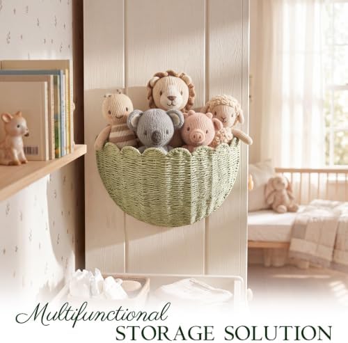 Newtay Sage Green Scalloped Wall Basket 16" x 10" x 7" Hand Woven Rattan Hanging Basket Boho Farmhouse Storage Organizer for Bathroom Living Room Entryway Decorative Floating Wicker Bin - Image 4