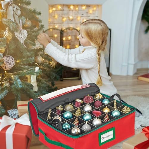 HOLDN’ STORAGE Christmas Ornament Storage Box with Dividers - Fits 72-3” Ornaments, 3 Removable Trays, Durable & Space-Saving, Clear Top Lid, Convenient Storage Designed, Red - Image 3